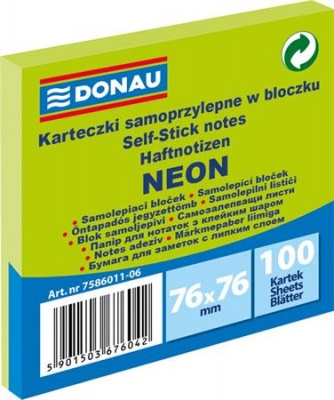 Samolepiaci poznámkový blok, 76x76 mm, 100 listov, DONAU, neónovo zelená