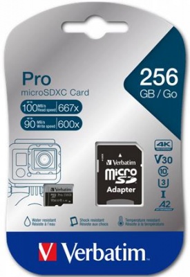 Pamäťová karta, microSDXC, 256 GB, CL10/U3/A2, 100/90 MB/s, s adaptérom, VERBATIM "PRO"