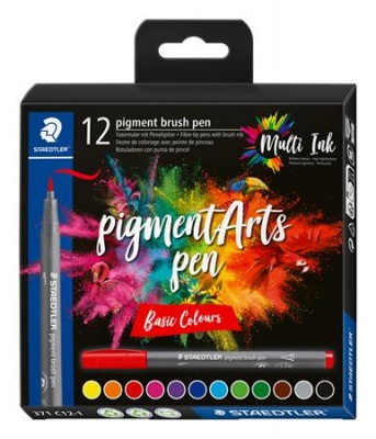 Fixka v tvare štetca, sada, STAEDTLER "Pigment brush 371", 12 rôznych základných farieb